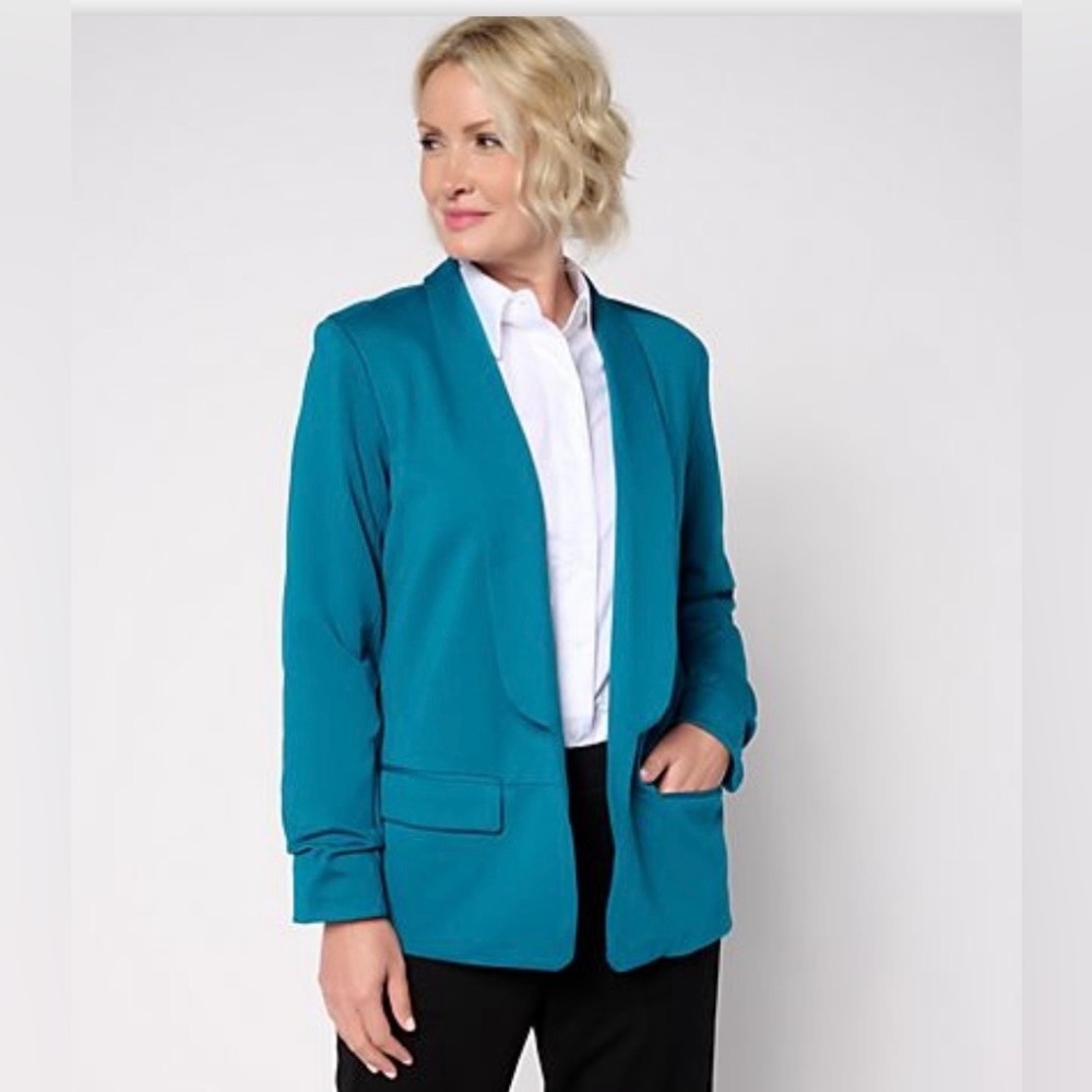 Stacy London Ponte Blazer w/ Shawl Collar & Ruched Sleeve, Medium (size 10-12)